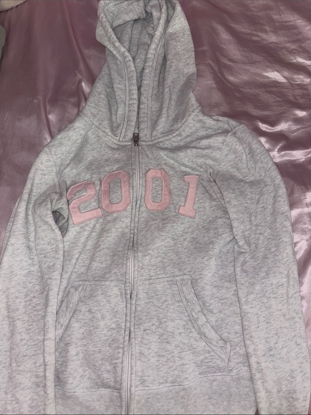 Hollister Heather Gray Full-Zip Hoodie with Pink '2001' Appliqué
